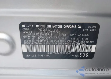 2024 Mitsubishi Eclipse Cross Se S-Awc/Sel S-Awc из США, поврежденный, VIN JA4ATWAA4RZ023886